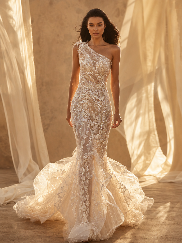 One-shoulder mermaid gown, fully beaded
