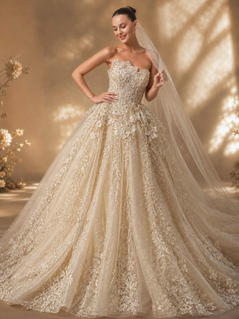 Off-shoulder A-line gown with 3D floral lace appliqué